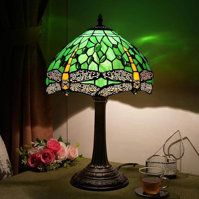 Tiffany Lamp Green Dragonfly Stained Glass Table Lamp 12X12X18 Inches Green Dragonfly Style Desk Reading Light Decor Beside Bedroom Living Room Home