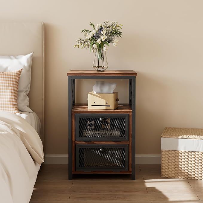 VECELO Nightstand Set of 2 with Drawer, Modern Night Stand for Bedroom, End Side Table for Living Room,Bedroom,Office, Easy Assembly Amber Brown