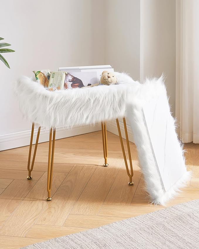 IBUYKE Rectangular Faux Fur Vanity Stool with Storage, Furry Makeup Chair Ottoman, Soft Padded Seat, Round Footrest Footstools with 4 Metal Legs, for Living Room Bedroom Entryway, White WBD022W