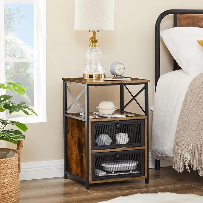 VECELO Nightstand Set of 1, End Table with Flip Drawer, Modern Night Stand for Bedroom,Living Room, Office, Easy Assembly, Vintage Brown