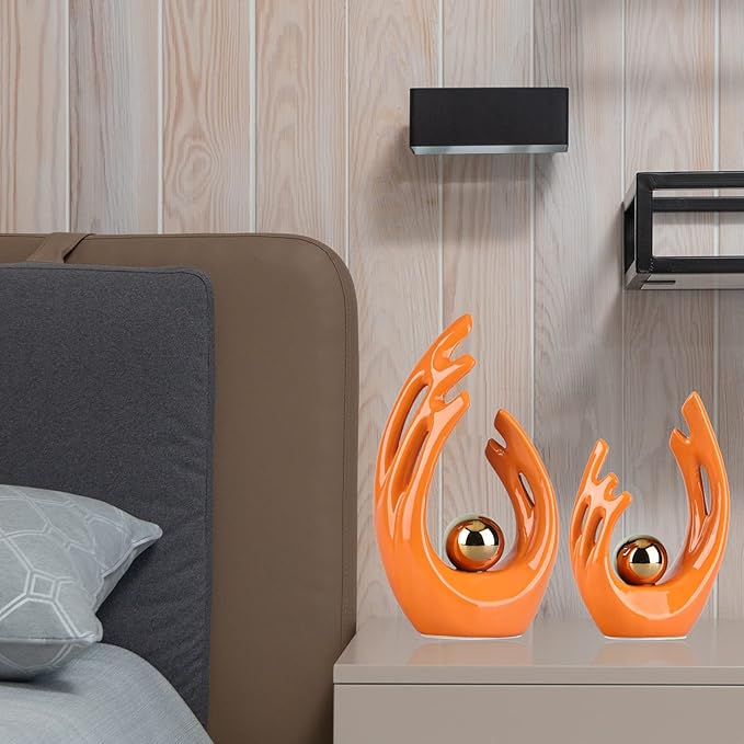 9.5"H Orange Gold Aesthetic Room Decor Accent, TV Stand Funky Table Centerpiece, Abstract Art Ceramic Statue and Sculpture, Orange Decor for Living Room, Bookshelf Decorative Objects, Shelf Decor