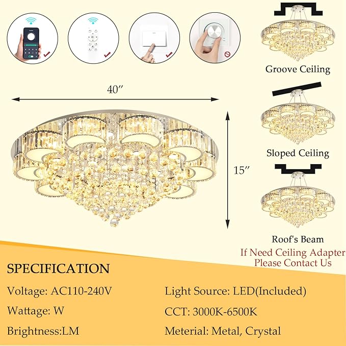 39.4'' Silver Modern Crystal Chandeliers for Dining Room LED Dimmable Light Fixtures Flush Mount Light Living Room Bedrooms