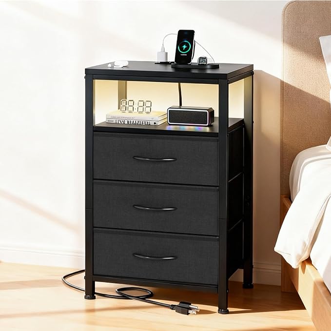 Sweetcrispy Nightstand with Charging Station, Bedside End Table with 3 Fabric Drawers & USB/Type-C Ports and Outlets, Night Stand for Bedroom Furniture, Adjustable Feet and Variable Light Strip, Black