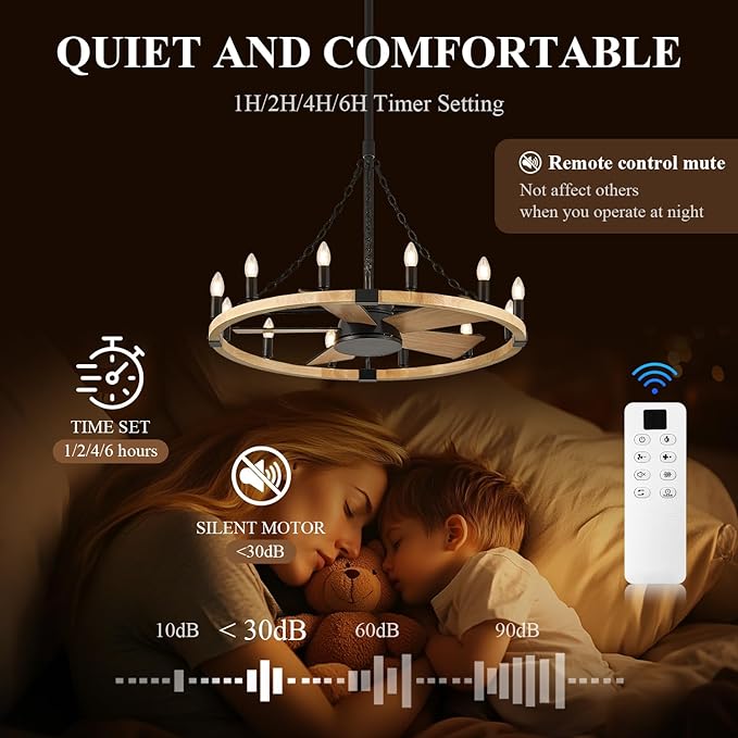 Natural Farmhouse Wood Wagon Wheel Chandelier Fans with 12 Lights and Remote, Rustic Wooden Ceiling Fan Light 36in Fandelier for Bedroom Dining Room Kitchen Living Room