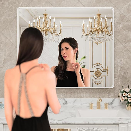 LOAAO 48x40 Inch White Metal Framed Bathroom Mirror for Wall, Large Rounded Rectangle Mirror, Anti-Rust, Tempered Glass, Hangs Horizontally or Vertically
