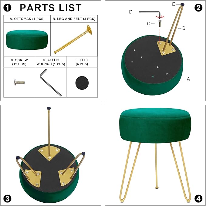 Velvet Soft Modern Vanity Footstool -Round Footrest Stool Ottoman Side Table Seat Dressing with Golden Metal Leg and Sponge Filling,Upholstered Foot Rest, for Living Room and Bedroom Teal