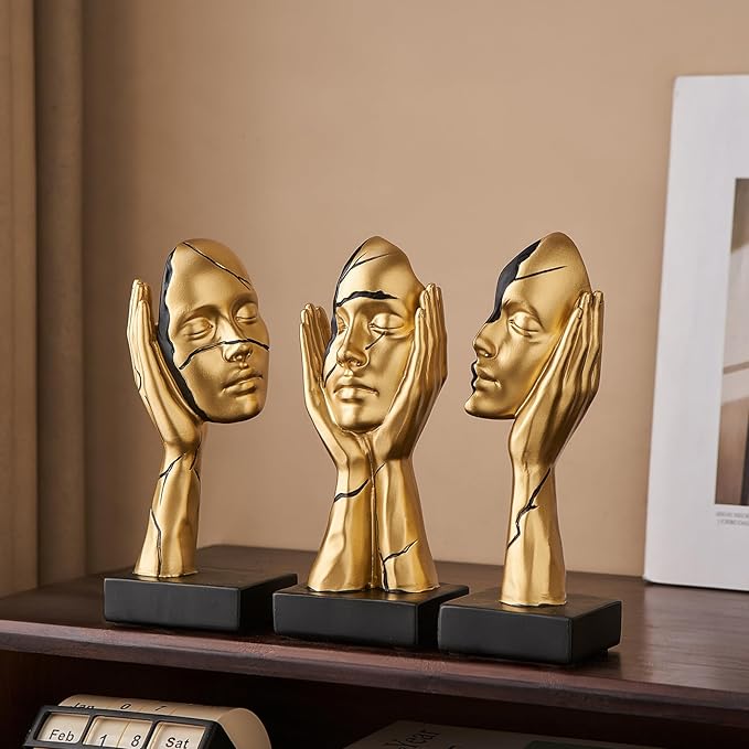 Gold Art Statues Home Decor 7.5" H Resin Face Sculptures for Coffee Table Bookshelf Office Desk, Modern Abstract Art Sculptures Living Room Office Decorations
