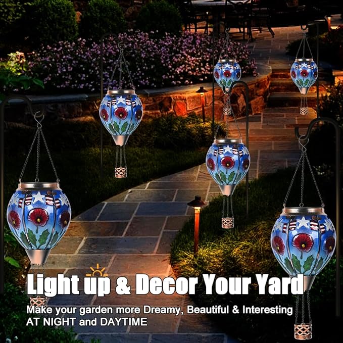 Hot Air Balloon Solar Lantern - Poppy Flower Patriotic Glass Lantern, Simulated Flickering Dancing Flame, Outdoor Hanging Yard Light Waterproof IP65, Ideal 4th of July Gift for Patriot Patio Decor