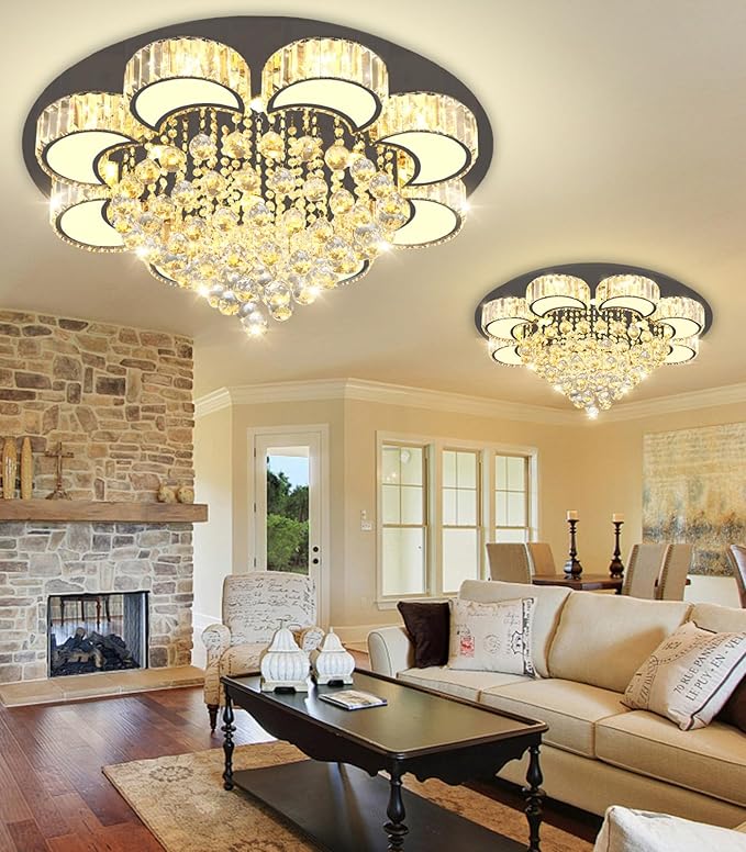 31.4'' Black Modern Crystal Chandeliers for Dining Room LED Dimmable Light Fixtures Flush Mount Light Living Room Bedrooms