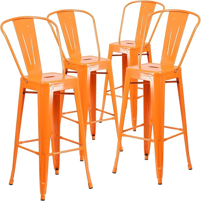 Flash Furniture Lily Commercial Grade 4 Pack 30" High Orange Metal Indoor-Outdoor Barstool with Removable Back