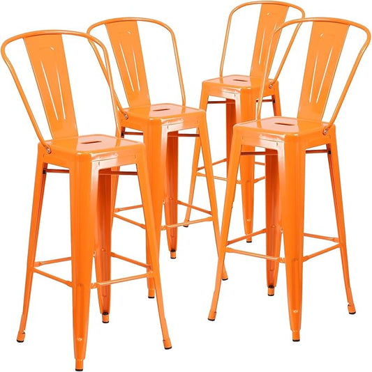 Flash Furniture Lily Commercial Grade 4 Pack 30" High Orange Metal Indoor-Outdoor Barstool with Removable Back