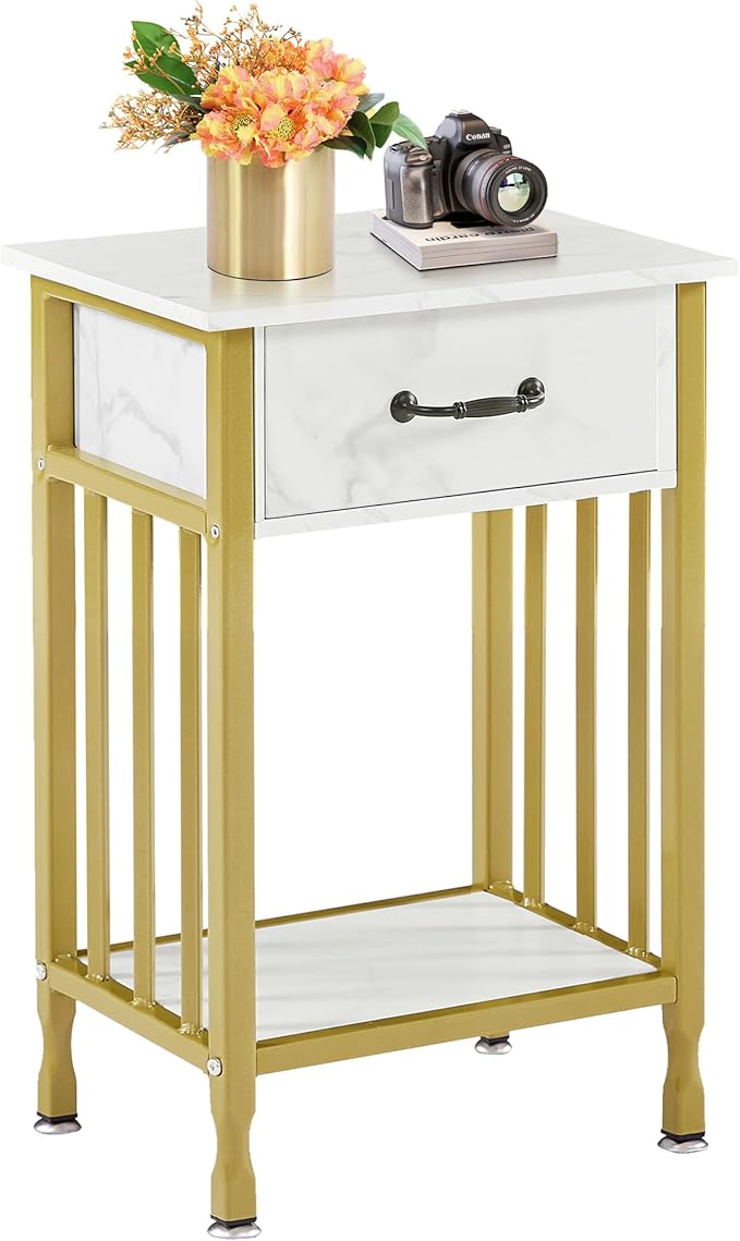 VECELO Night Stand Set 2 with Drawer and Storage Shelf,15.7x11.8x23.6 inches Bedside Table End Table,Wood Nightstands for Bedroom, Living Room,Sofa,Gold+White,2 Sets