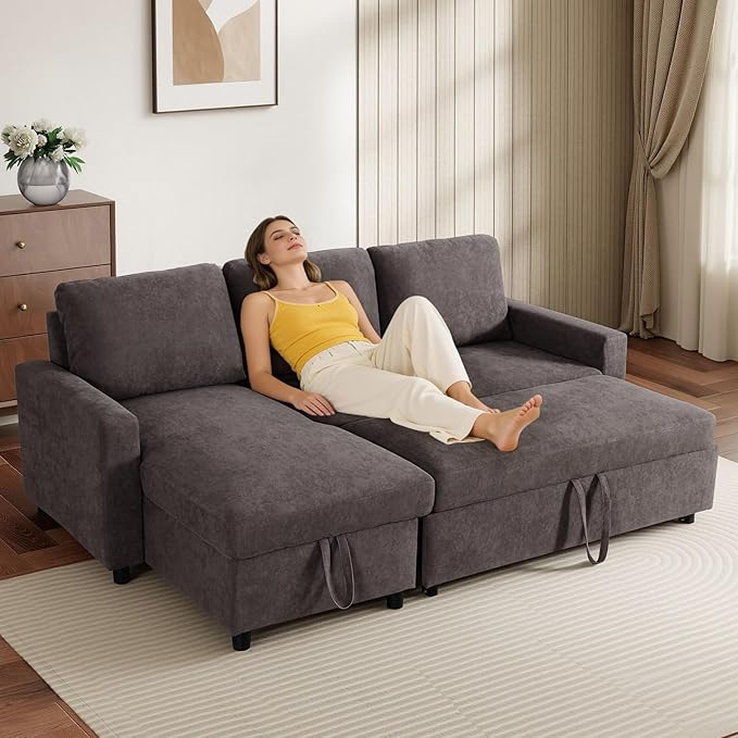 Yafylly L-Shaped Sleeper Sofa with Chaise Lounge & Storage, Pull-Out Couch Bed with Recliner, Full Size Futon for Living Room, Office, Apartment, Coffee