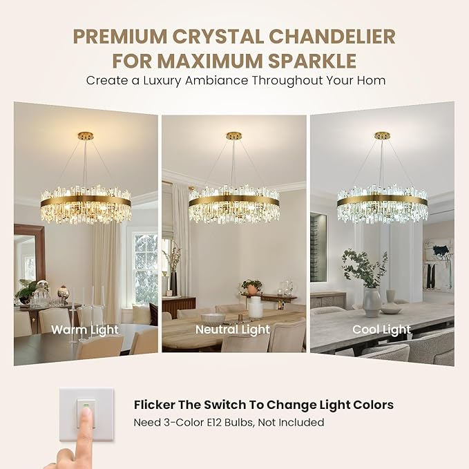 CROSSIO 16-Light Modern Crystal Chandelier, Large Gold Round 2-Tiers K9 Crystal Chandelier, Luxury Flush Mount Crystal Pendant Ceiling Light for Dining Living Room Entryway Foyer D31.5''