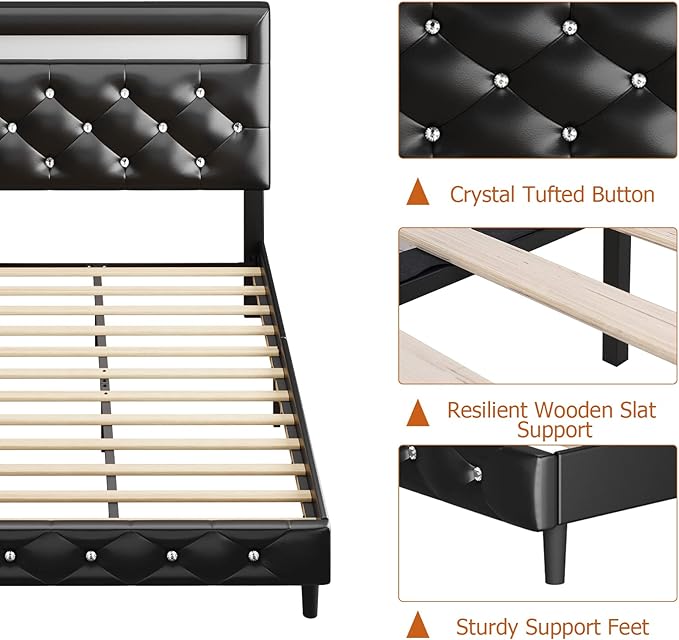 Keyluv Modern Upholstered Queen Bed Frame with LED Lights, Faux Leather Low Profile Platform Bed Frame, Adjustable Crystal Button Tufted Headboard, Strong Wood Slat Support, Easy Assembly, Black