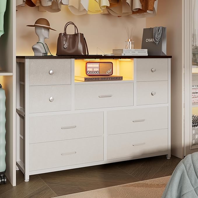 Dresser for Bedroom with 9 Drawers, White Storage Organizer TV Stand for 55" TV with LED Lights and Sockets, Fabric Chest of Drawers with PU Finish for Kid Room, Entryway, Living Room, Hallway