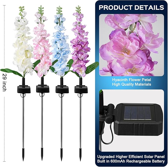 4 Pack Solar Garden Lights Outdoor, LED Colorful Waterproof Solar Powered Hyacinth Flowers Landscape Lights for Patio, Outside Yard, Pathway Decorative, Décor, Gifts, Two Lighting Modes