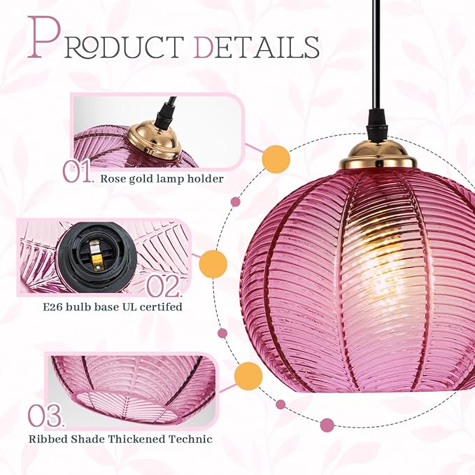 14.75ft Plug in Pendant Light, Vintage Hanging Lamp with Purple shade Glass Plug in Hanging Light Fixture ON Off Switch mid Century Modern Pendant Lights for Dining Room Kitchen Living Room Bedroom