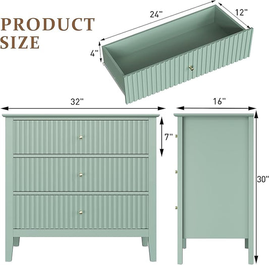 Large Sage Green Fluted 3-Section Set of 2, Modern 30 Inch Tall Wood Side Unit with Ball Bearing Slides, Wide Accent Furniture with Spacious Compartments for Living Room Entryway