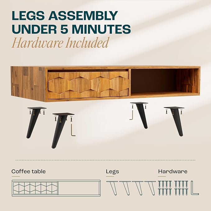 Bme Georgina Solid Wood Coffee Tables & Nightstands with Geometric Details, 2 Drawers