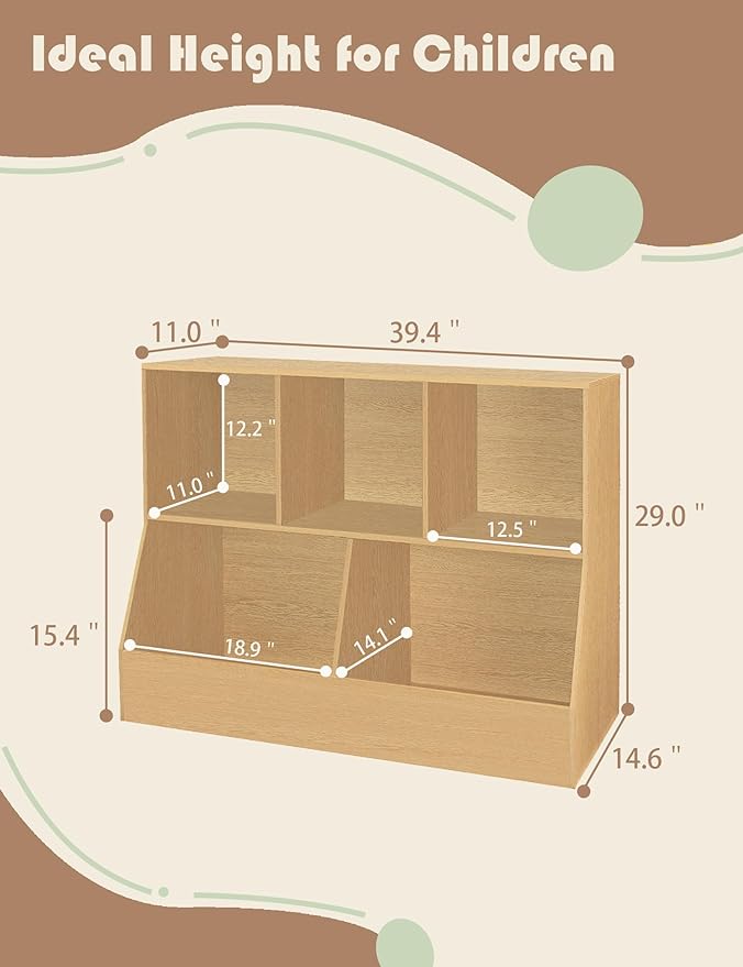 DINZI LVJ Toy Storage Organizer, Kids Bookshelf, Wooden Toy Storage Cabinet, 5 Cubby Children Bookcase, 39.4" L Toddler Book Shelf for Playroom, Living Room, Nursery, Hallway, School, Natural