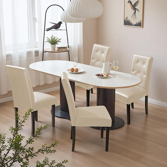Furmax Ergonomic Dining Chairs Set of 4, PU Leather Dinning Room Chairs, Button Tufted Kitchen Chairs with Adjustable Wood Legs for Kitchen Living Room (Leather Beige, 4)