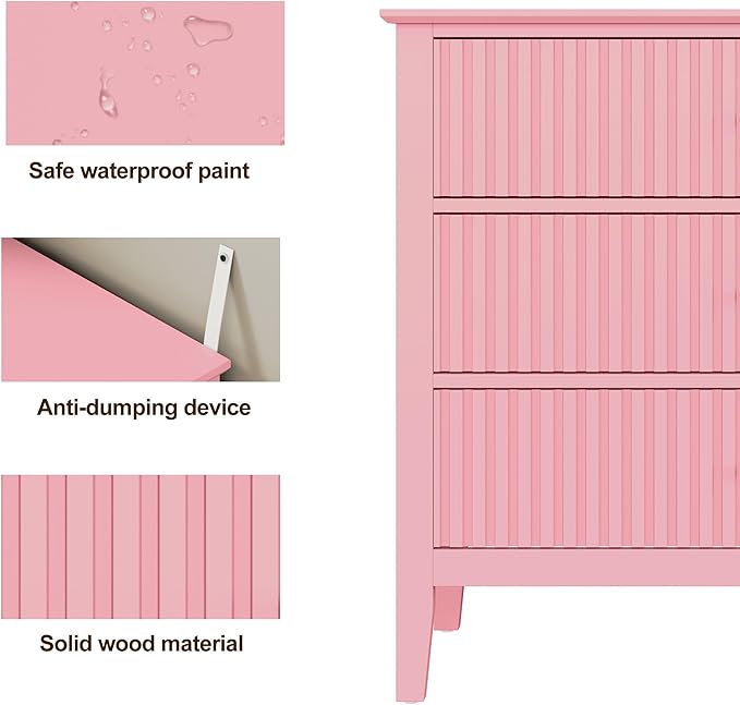 Large Pink 3 Drawer Dresser, Painted 30 Inch Tall Wood Nightstand with Storage, Wide Modern Chest of Drawers with Ball Bearing Slide for Bedroom Hallway Living Room Entryway Office
