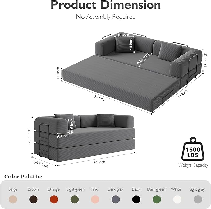 79in Convertible Sofa Bed, Corduroy Boneless Couch Bed, Futon Sleeper Sofa Pull Out Bed, Foldable Couch for Living Room Apartment, No Assembly Required