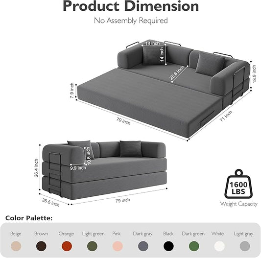 79in Convertible Sofa Bed, Corduroy Boneless Couch Bed, Futon Sleeper Sofa Pull Out Bed, Foldable Couch for Living Room Apartment, No Assembly Required