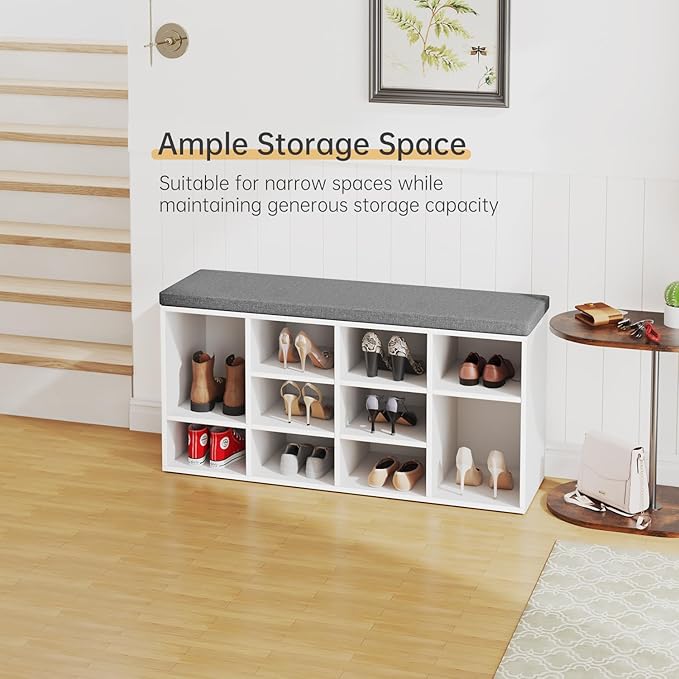 PayLessHere Shoe Bench Storage Bench 10 Compartments Shoe Organizer with 3-Tier Shoe Rack Bench Adjustable Shelves Shoe Shelf for Living Room Entryway Hallway Bedroom (White and Grey)
