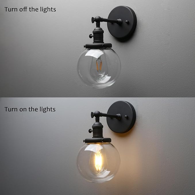 PERMO Vintage Industrial Wall Sconce Lighting Fixture with 5.9" Round Clear Glass Globe Hand Blown Shade (Black)