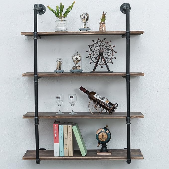 Industrial Pipe Shelving Wall Mounted,36in Rustic Metal Floating Shelves,Steampunk Real Wood Book Shelves,Wall Shelf Unit Bookshelf Hanging Wall Shelves,Farmhouse Kitchen Bar Shelving(4 Tier)