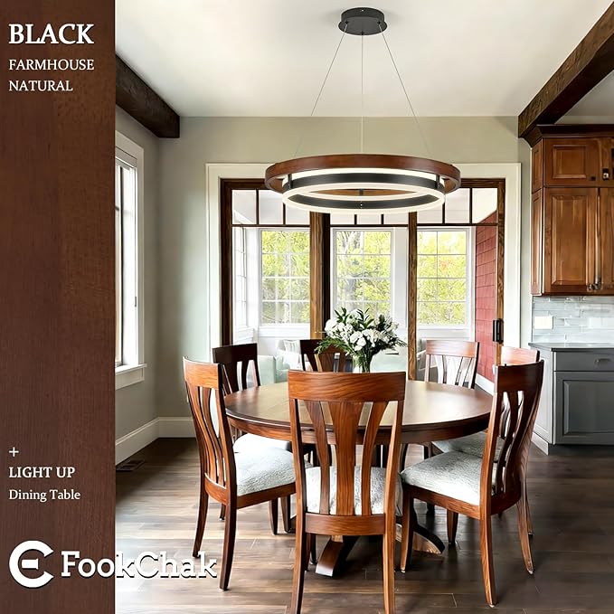 LED Ring Chandelier 24in Solid Walnut Wood Chandeliers Dimmable Black Chandeliers Modern Round Chandelier Light for Living Room Dining Room Kitchen Island Bedroom Entry