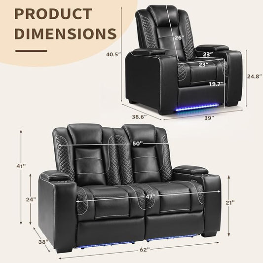 ANJ Reclining Loveseat and Power Recliner Chair with LED Lights USB Cup Holders, Faux Leather Living Room Furniture for Home Theater, Small Spaces & RV (Black)