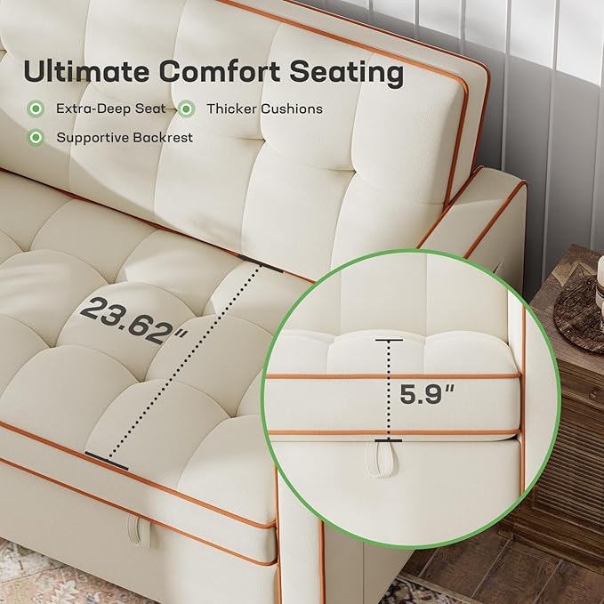Marsail 3-in-1 Convertible Futon Sleeper Sofa Bed, Pull Out Couch with Adjustable Backrest, USB Charging & Side Pockets, Velvet Fabric Sofa Loveseat for Living Room, Apartment, Ivory White