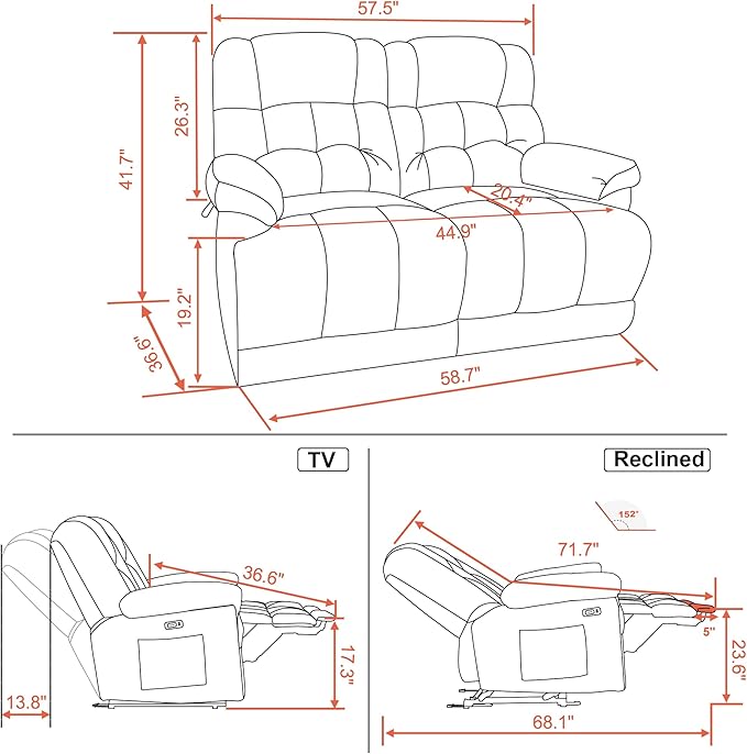 MCombo 58.7" Zero Gravity Power Loveseat Recliner with Heat and Vibration Massage, Reclining Loveseat Sofa with USB Ports for Living Room, Fabric 6237 (Navy Blue)