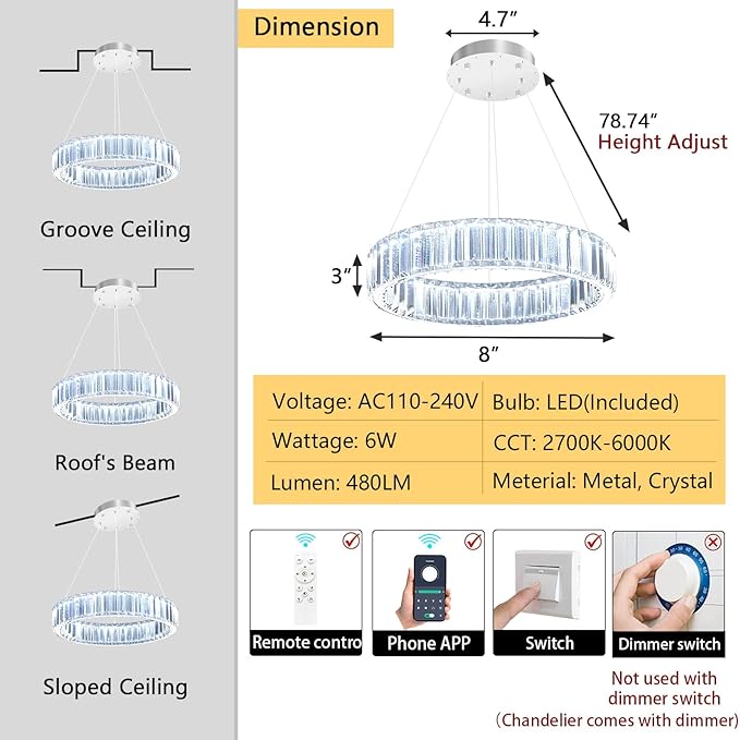 8'' Modern Ring Chandelier Crystal Chandeliers for Dining Room Round LED Dimmable Ceiling Light Fixture for Living Room Bedroom Lighting Silver