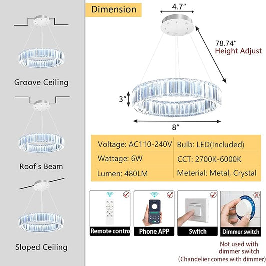 8'' Modern Ring Chandelier Crystal Chandeliers for Dining Room Round LED Dimmable Ceiling Light Fixture for Living Room Bedroom Lighting Silver