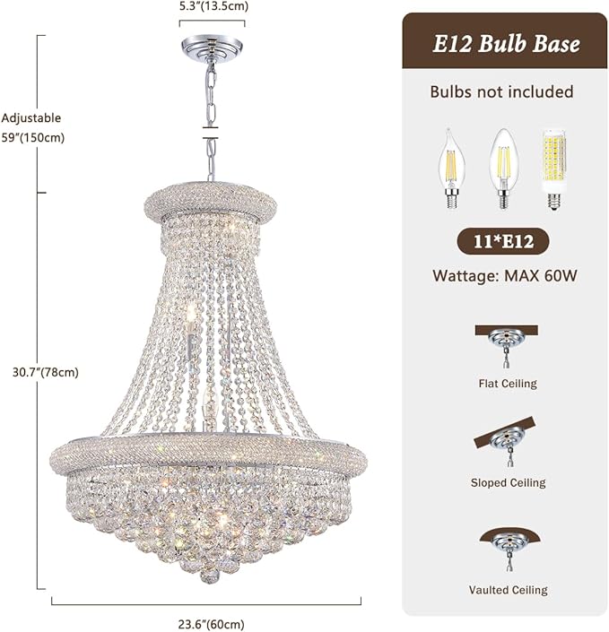 Modern Crystal Chandeliers Foryer Chandelier for High Ceilings, 11-Lights Silver Empire Crystal Chandeliers for Living Dining Room Entryway Hallway(D23.6)