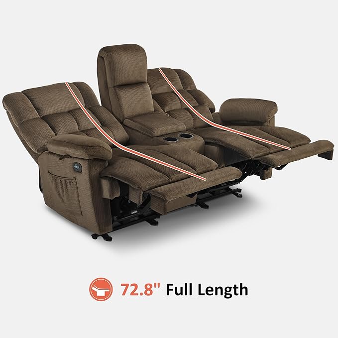 MCombo Zero Gravity Power Loveseat Recliner with Console, Heat and Vibration Massage, Reclining Loveseat Sofa with USB Ports, Cup Holders for Living Room, Fabric RS6234 (Dark Brown)