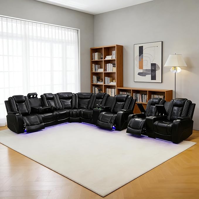 Power Recliner Sectional Sofa Set, Black Leather Sectional Couch and Loveseat for Living Room, L Shape Reclining Sofa with Cup Holder, Hidden Storage, Drop-Down Table for House(8 Seat)