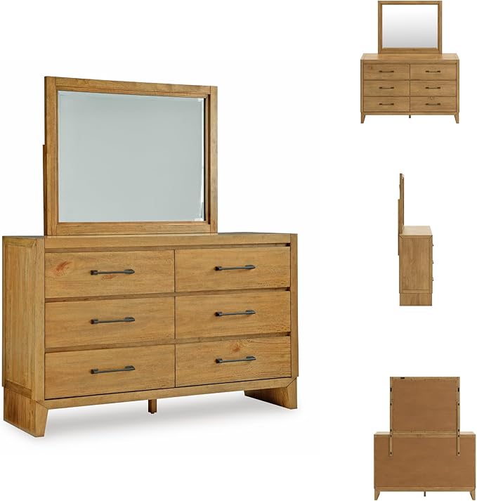 Signature Design by Ashley Sherbana Casual 6-Drawer Dresser and Mirror with Safety Stop and Felt-Lined Top Drawer, Light Brown