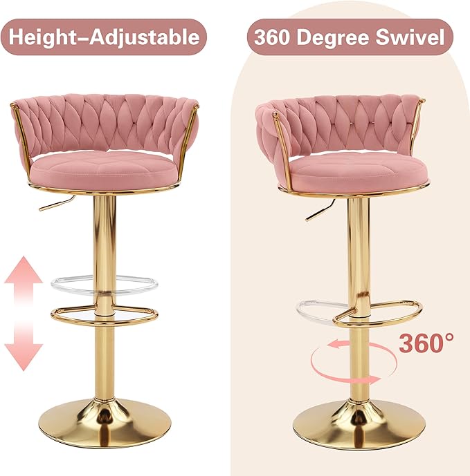 VECELO Bar Stools Set of 4, Adjustable Barstools Counter Height Stools with Back and Arm, Velvet Woven Kitchen Island Stools w/Gold Metal Leg Base, 360° Swivel Bar Stools, Pink