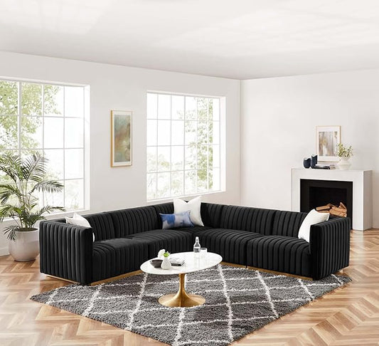 Modway Conjure Channel Tufted Performance Velvet Sectional, 5-Piece Left L-Shaped Sofa, Gold Black
