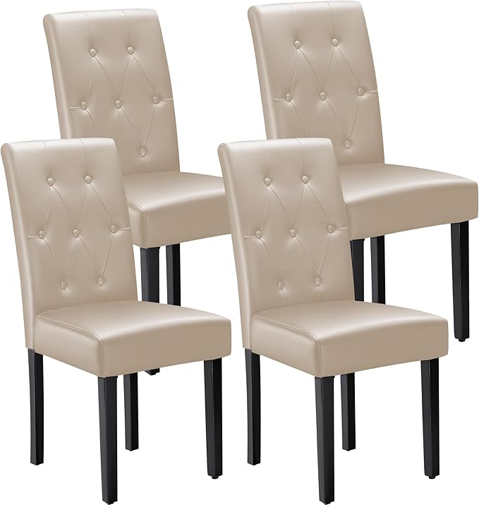 Furmax Ergonomic Dining Chairs Set of 4, PU Leather Dinning Room Chairs, Button Tufted Kitchen Chairs with Adjustable Wood Legs for Kitchen Living Room (Leather Beige, 4)