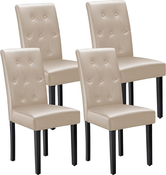 Furmax Ergonomic Dining Chairs Set of 4, PU Leather Dinning Room Chairs, Button Tufted Kitchen Chairs with Adjustable Wood Legs for Kitchen Living Room (Leather Beige, 4)