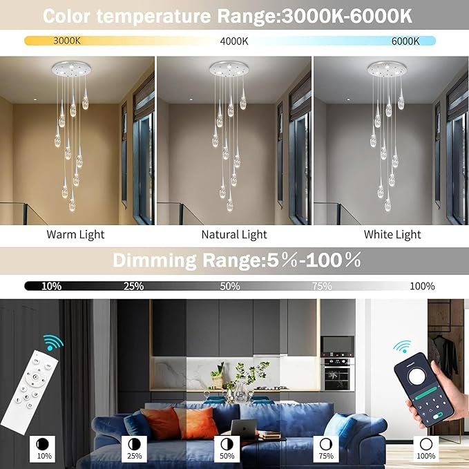 118 Inches Long Chandelier Adjustable Hanging Lights Modern Glam Crystal Ceiling Pendant Dimmable Lighting Fixture for Hallway Foyer Living Room Silver