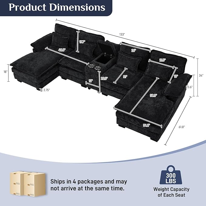 133" Oversized U Shaped Cloud Couch Modular Sectional Couches for Living Room Comfy Chenille Deep Seat Sofa Set with Double Chaise Lounge, Storage Central Console, Cup Holders, USB Port, Dark Black