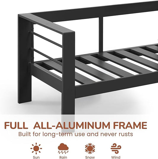 Solaste Aluminum Outdoor Couch, 3-Seat Metal Outdoor Sofa with Water-Resistant Cushion, Weather-Resistant Modern Patio Sofa, Black Frame Blue Cushion