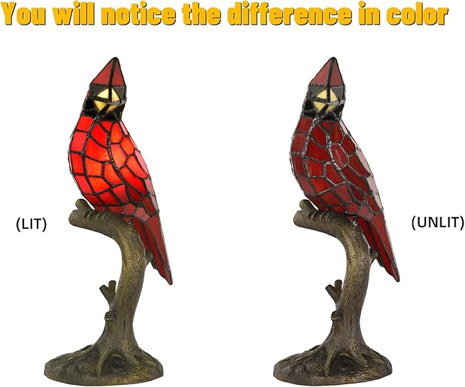 A0011 Cardinal Tiffany Style Table Lamp Handmade Stained Glass Red Bird Lamp in Height 14.5" Overall for Bedside Livingroom Bedroom Home Decoration (Red Cardinal)